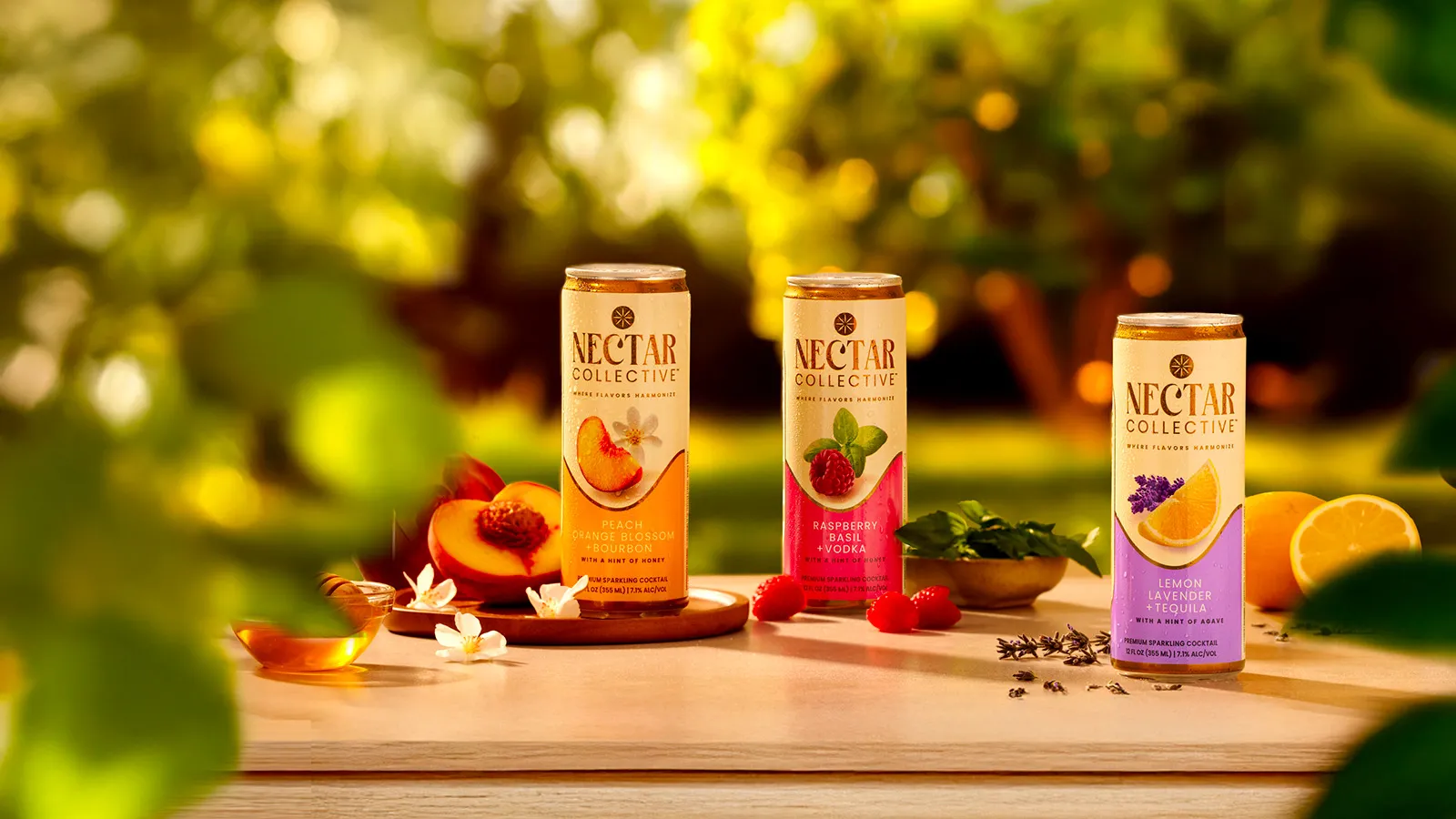 Cans Peach Raspberry Lemon Lavender Table Fruit Flowers Leaves Nectar