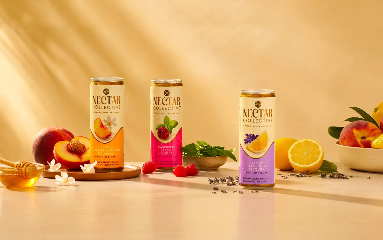 Cans Lemon Raspberry Peach Lavender Fruit Table Sunlight Nectar